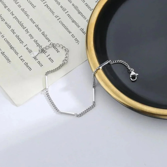 925 Sterling Silver Dainty Bar Link Chain Bracelet Minimalist Bar Thin Bracelet - Picture 3 of 5